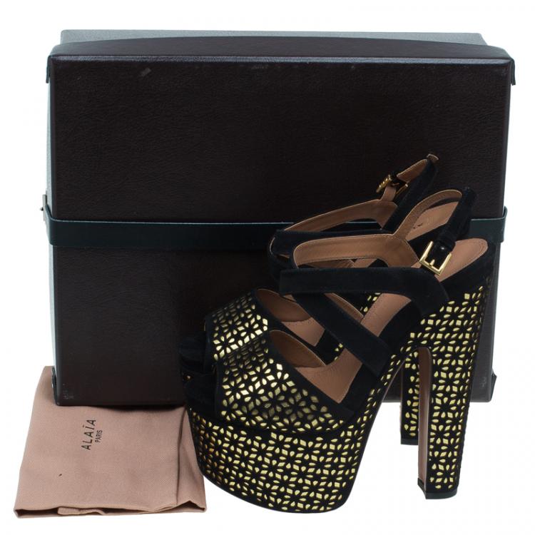 Pre Owned Azzedine Alaia Black and Metallic Gold Suede Cutout Platform Sandals Size 38