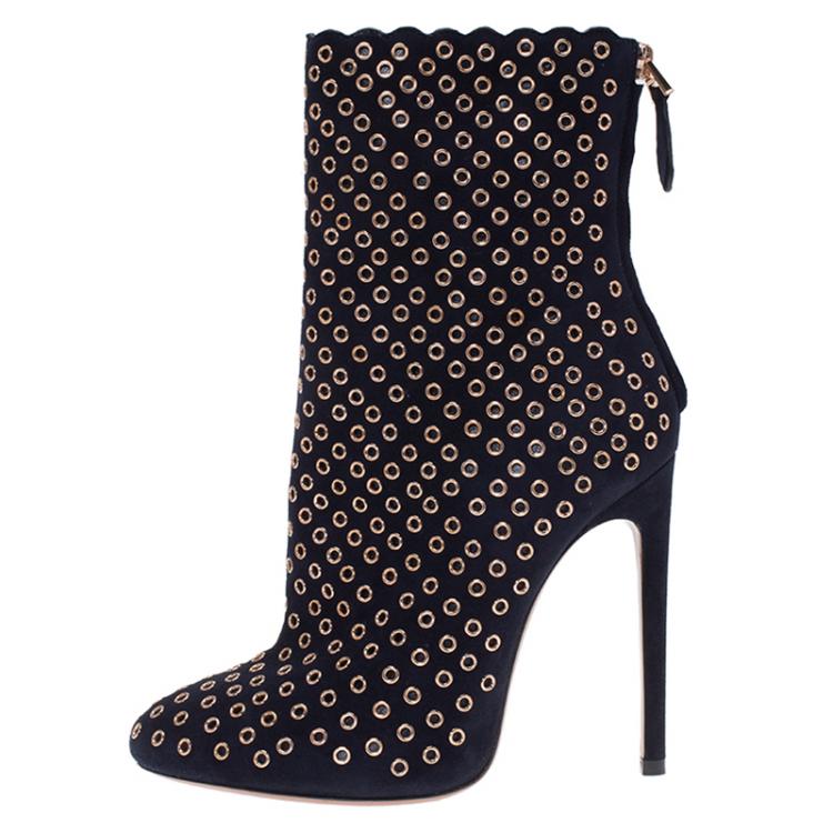 Pre Owned Alaia Black Suede Eyelet Ankle Boots Size 38.5