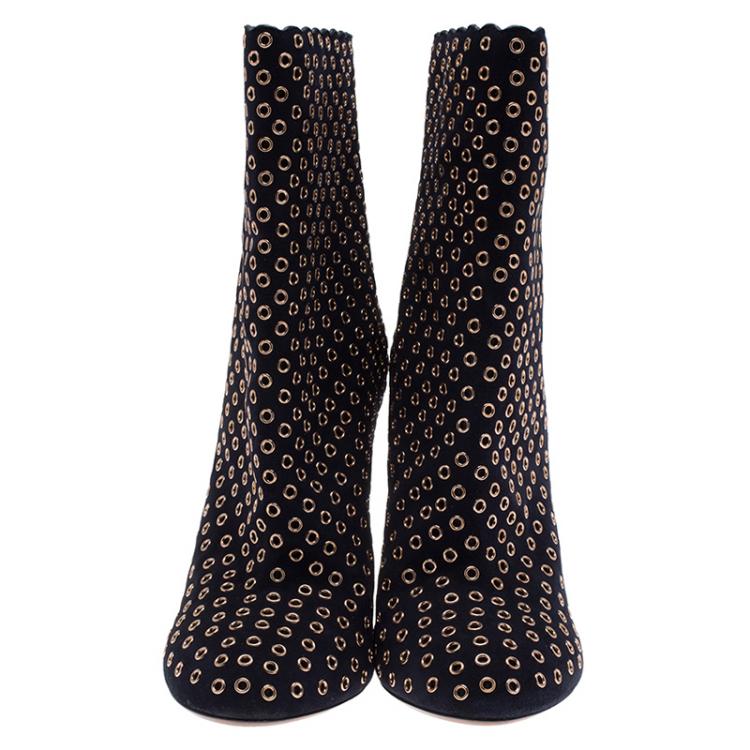 Pre Owned Alaia Black Suede Eyelet Ankle Boots Size 38.5