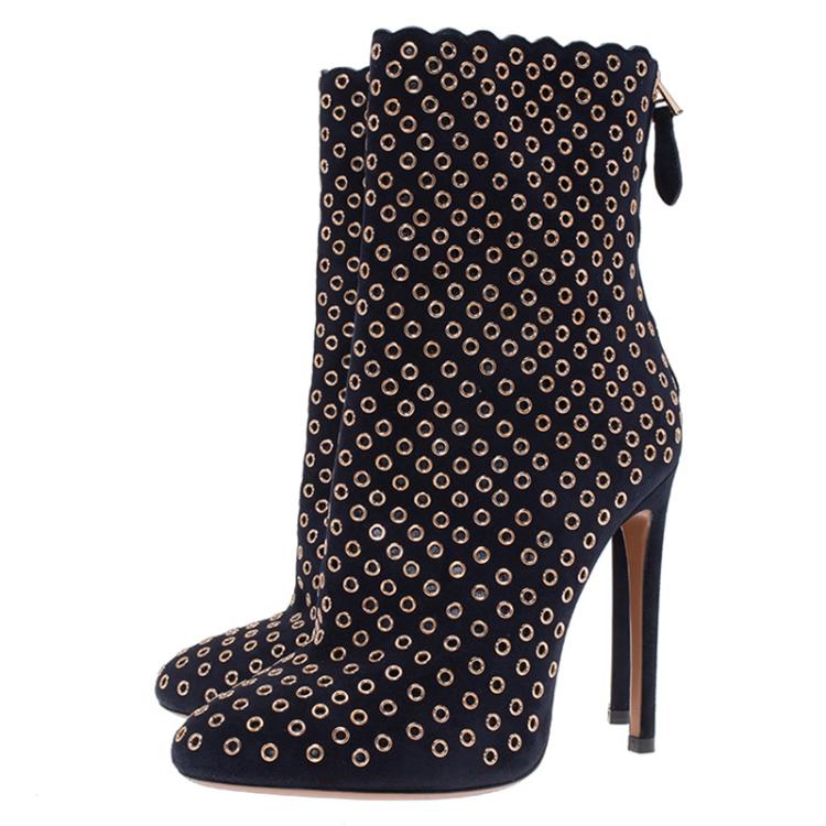 Pre Owned Alaia Black Suede Eyelet Ankle Boots Size 38.5
