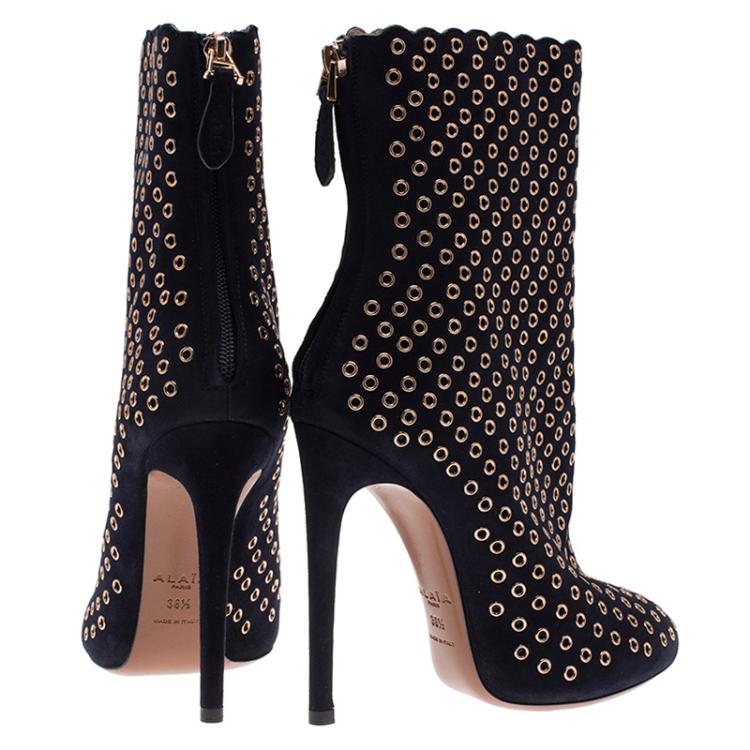 Pre Owned Alaia Black Suede Eyelet Ankle Boots Size 38.5