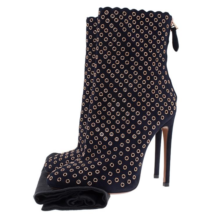 Pre Owned Alaia Black Suede Eyelet Ankle Boots Size 38.5