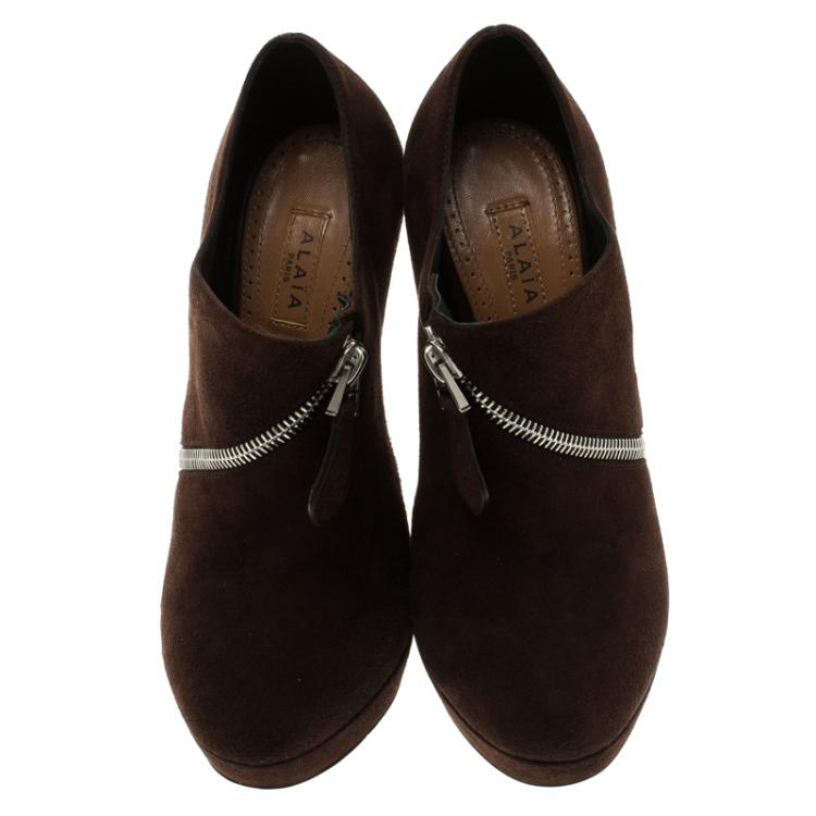 Pre Owned Alaia Mocha Brown Suede Platform Ankle Boots Size 36