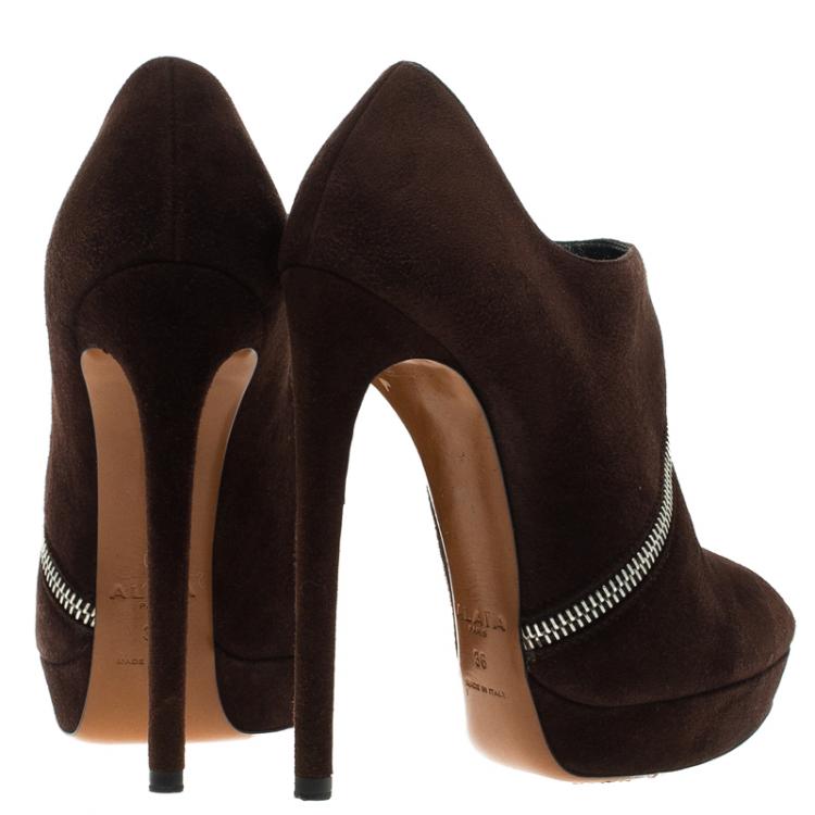 Pre Owned Alaia Mocha Brown Suede Platform Ankle Boots Size 36