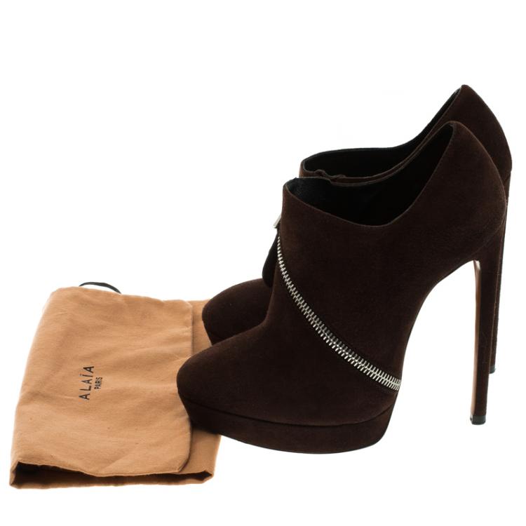 Pre Owned Alaia Mocha Brown Suede Platform Ankle Boots Size 36