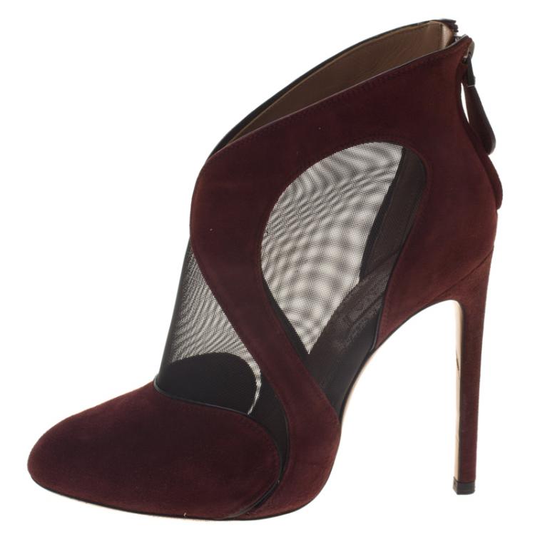 Pre Owned Alaia Maroon Suede and Mesh Ankle Boots Size 35