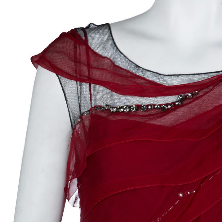 Pre Owned Alberta Ferretti Red Chiffon Tiered Stone Embellished Gown M
