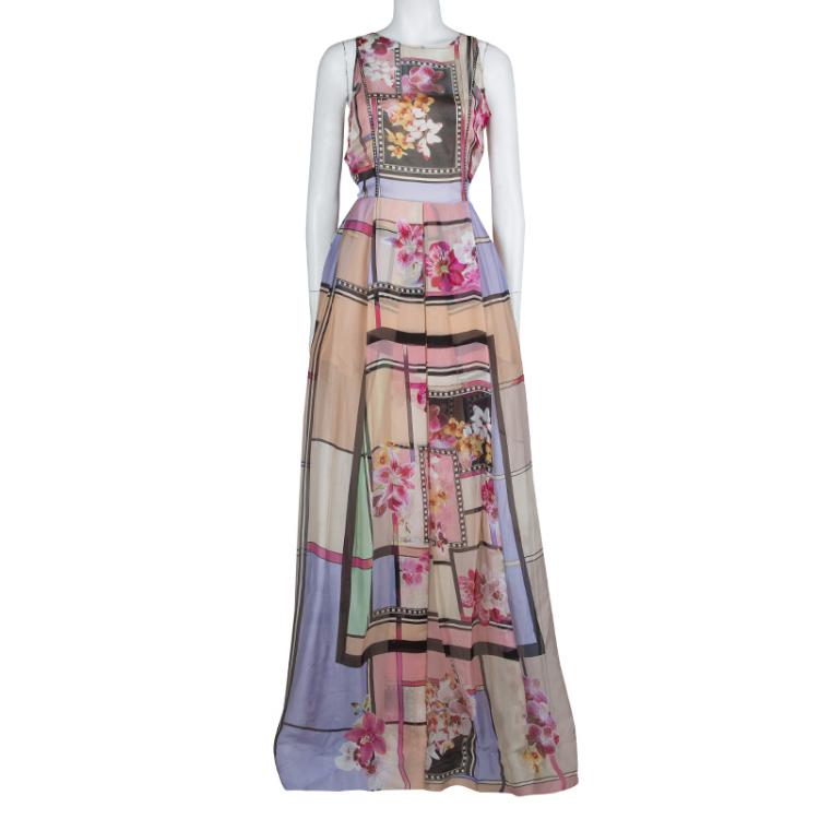 Pre Owned Alberta Ferretti Multicolor Floral Print Sheer Back Detail Sleeveless Gown M