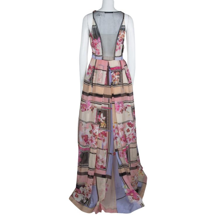 Pre Owned Alberta Ferretti Multicolor Floral Print Sheer Back Detail Sleeveless Gown M