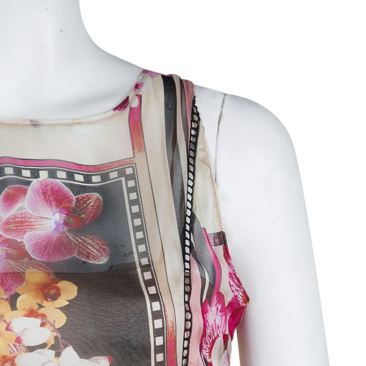 Pre Owned Alberta Ferretti Multicolor Floral Print Sheer Back Detail Sleeveless Gown M