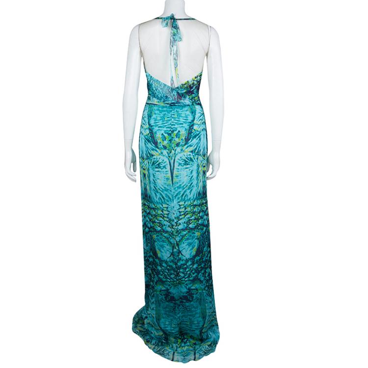 Pre Owned Alberta Ferretti Turquoise Printed Mesh Insert Ruched Sleeveless Gown L