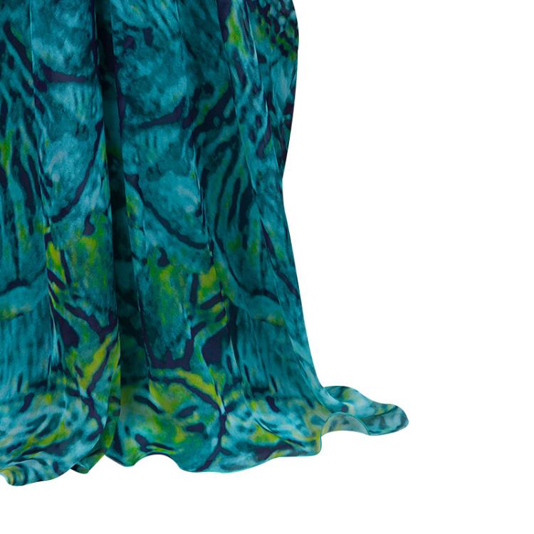 Pre Owned Alberta Ferretti Turquoise Printed Mesh Insert Ruched Sleeveless Gown L