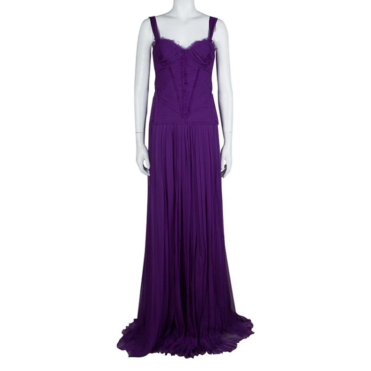 Pre Owned Alberta Feretti Purple Pleated Silk Sleeveless Gown M
