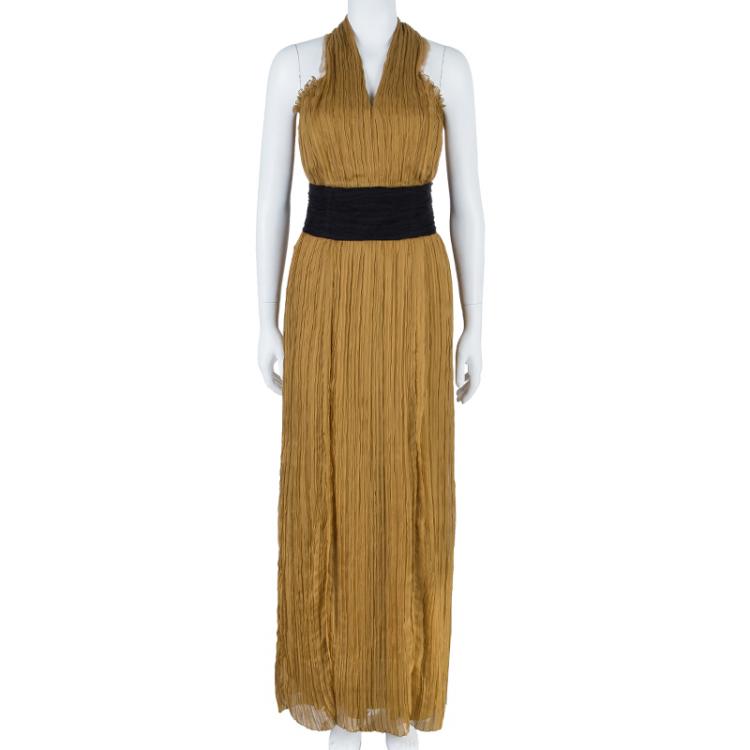 Pre Owned Alberta Ferretti Mustard Chiffon Pleated Gown M