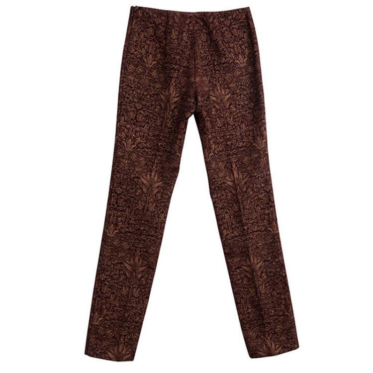 Pre Owned Alberta Ferretti Burgundy and Gold Floral Jacquard Tapered Pants S