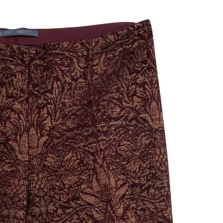 Pre Owned Alberta Ferretti Burgundy and Gold Floral Jacquard Tapered Pants S