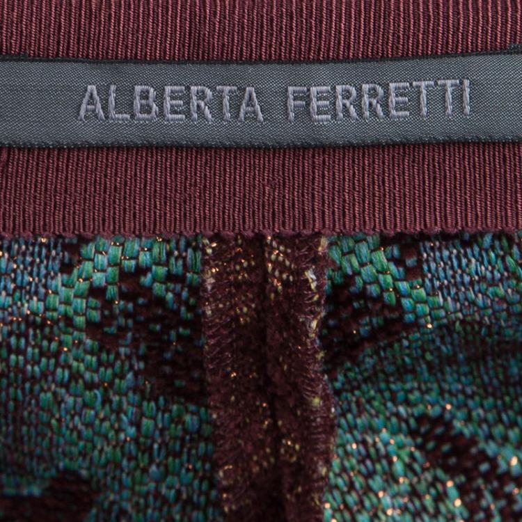 Pre Owned Alberta Ferretti Burgundy and Gold Floral Jacquard Tapered Pants S