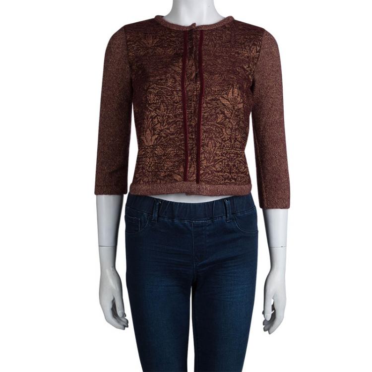 Pre Owned Alberta Ferretti Burgundy and Gold Floral Jacquard Lurex Knit Cardigan S