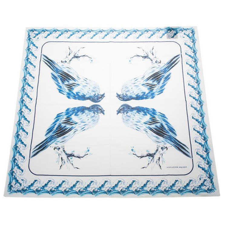 Pre Owned Alexander McQueen White Blue Hawks And Waves Print Cotton Square Scarf