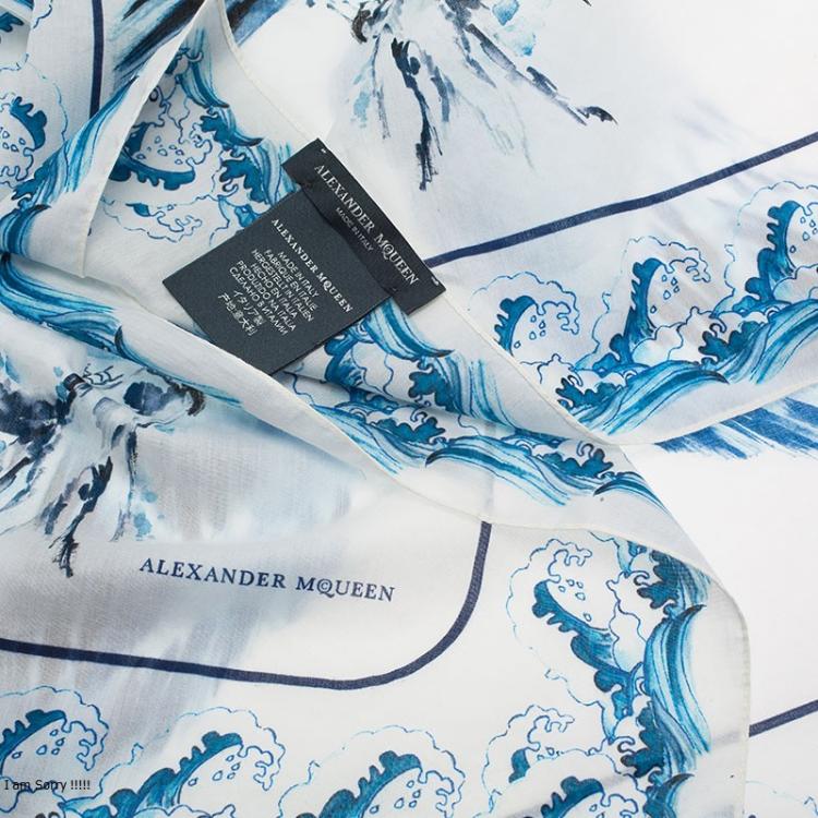 Pre Owned Alexander McQueen White Blue Hawks And Waves Print Cotton Square Scarf