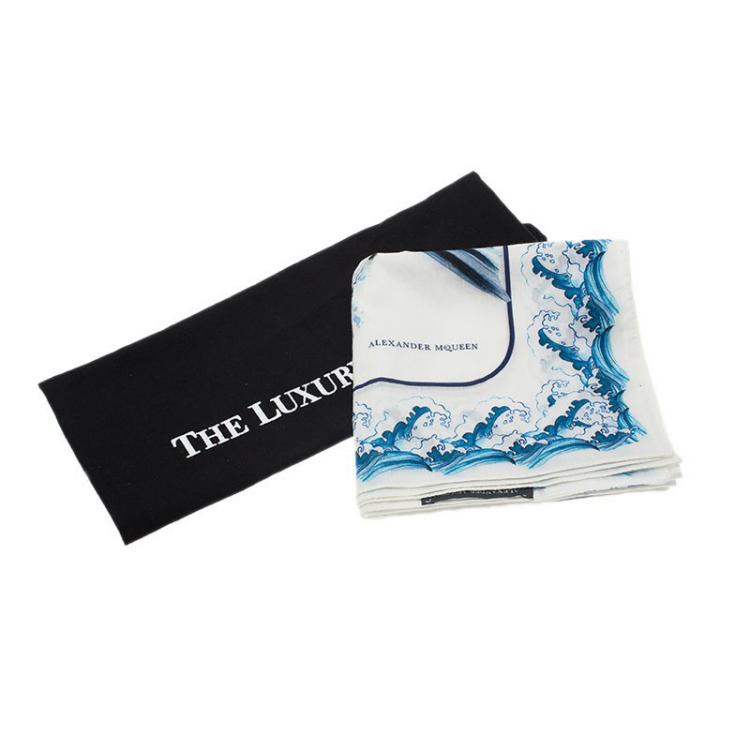 Pre Owned Alexander McQueen White Blue Hawks And Waves Print Cotton Square Scarf