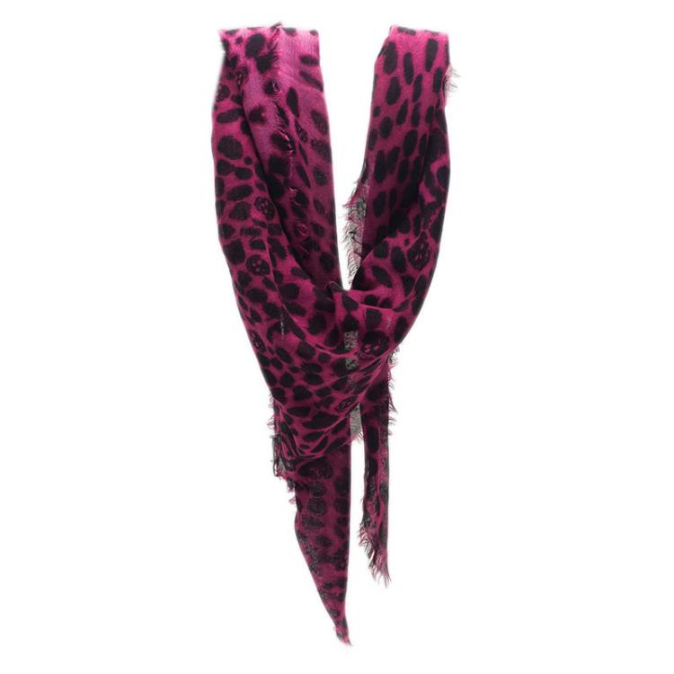 Pre Owned Alexander McQueen Pink Leopard and Skull Print Cashmere and Silk Blend Square Scarf