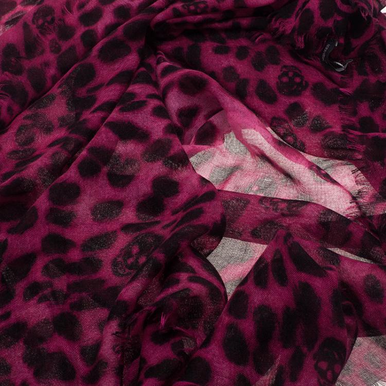 Pre Owned Alexander McQueen Pink Leopard and Skull Print Cashmere and Silk Blend Square Scarf