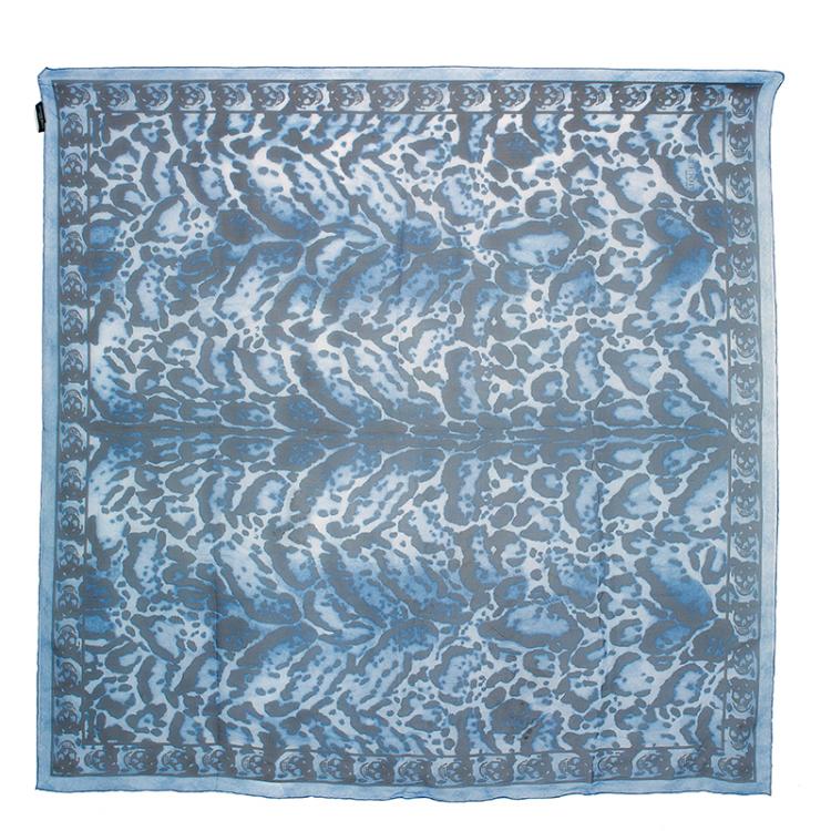 Pre Owned Alexander McQueen Blue Chiffon Animalier Skull Square Scarf
