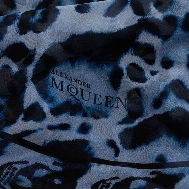 Pre Owned Alexander McQueen Blue Chiffon Animalier Skull Square Scarf