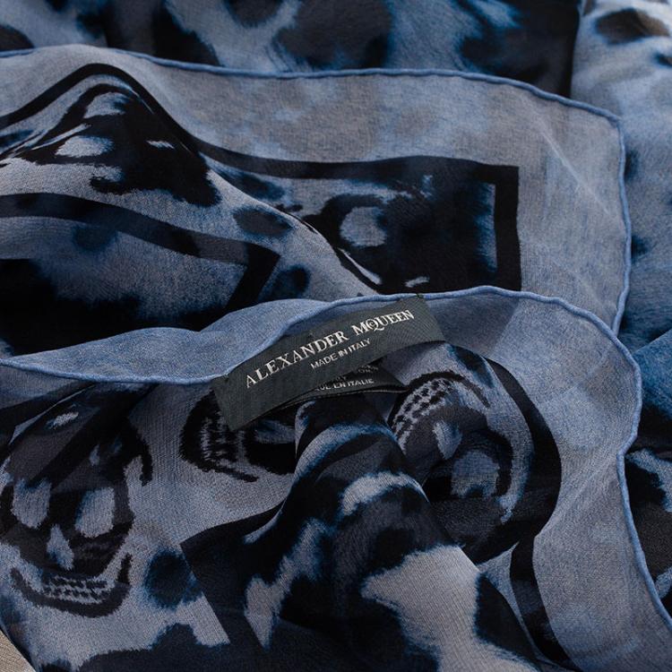 Pre Owned Alexander McQueen Blue Chiffon Animalier Skull Square Scarf