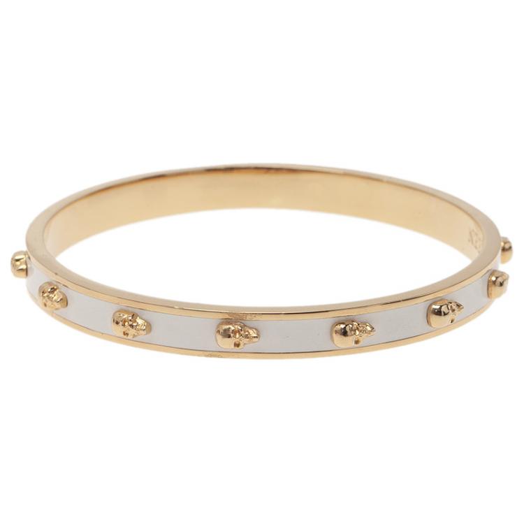 Pre Owned Alexander McQueen Skull White Thin Gold Tone Bracelet