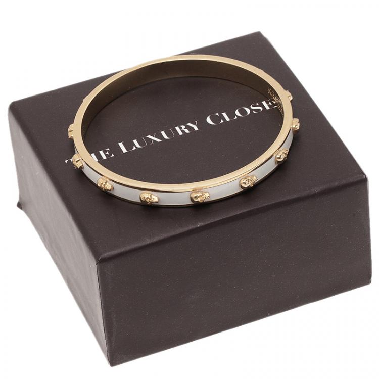 Pre Owned Alexander McQueen Skull White Thin Gold Tone Bracelet