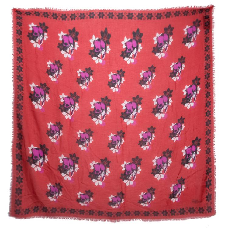 Pre Owned Alexander McQueen Red Floral Skull Square Scarf