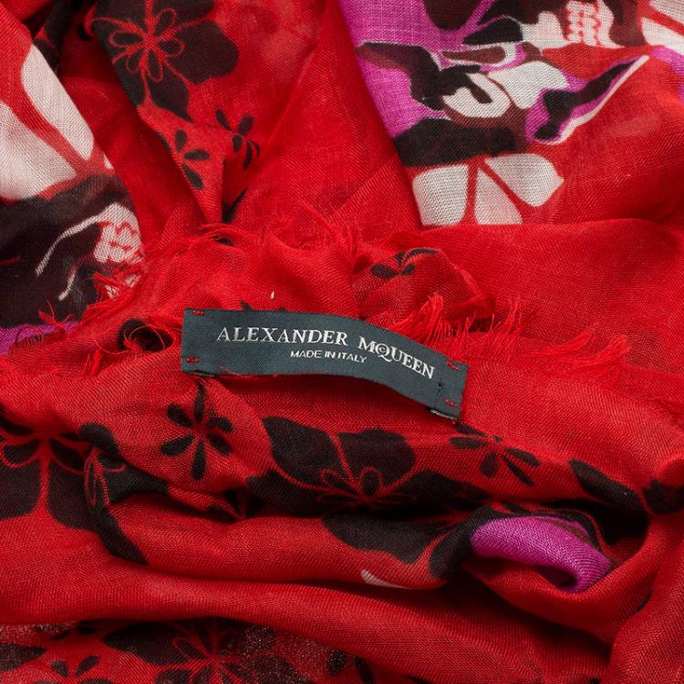 Pre Owned Alexander McQueen Red Floral Skull Square Scarf