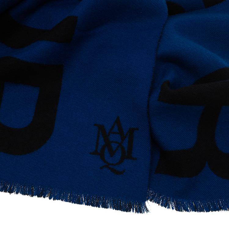 Pre Owned Alexander McQueen Blue and Black Honour Print Wool Stole