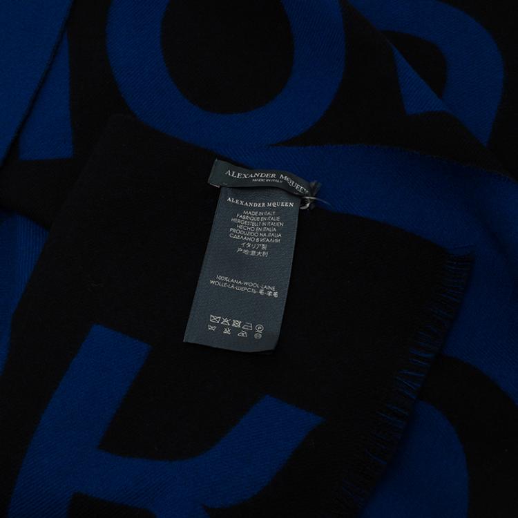 Pre Owned Alexander McQueen Blue and Black Honour Print Wool Stole