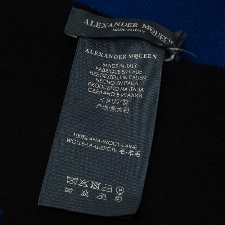 Pre Owned Alexander McQueen Blue and Black Honour Print Wool Stole