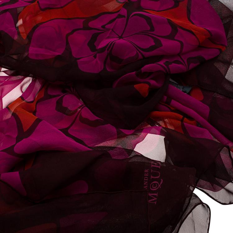 Pre Owned Alexander McQueen Red and Pink Exploding Flowers Print Chiffon Silk Scarf