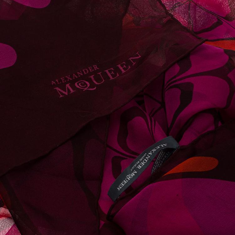 Pre Owned Alexander McQueen Red and Pink Exploding Flowers Print Chiffon Silk Scarf