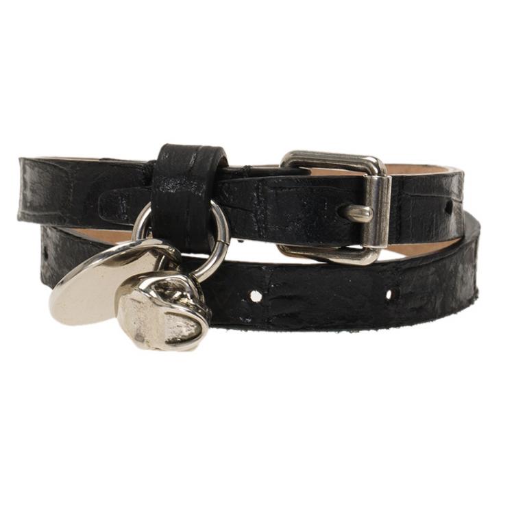 Pre Owned Alexander McQueen Skull Charm Black Leather Double Wrap Bracelet