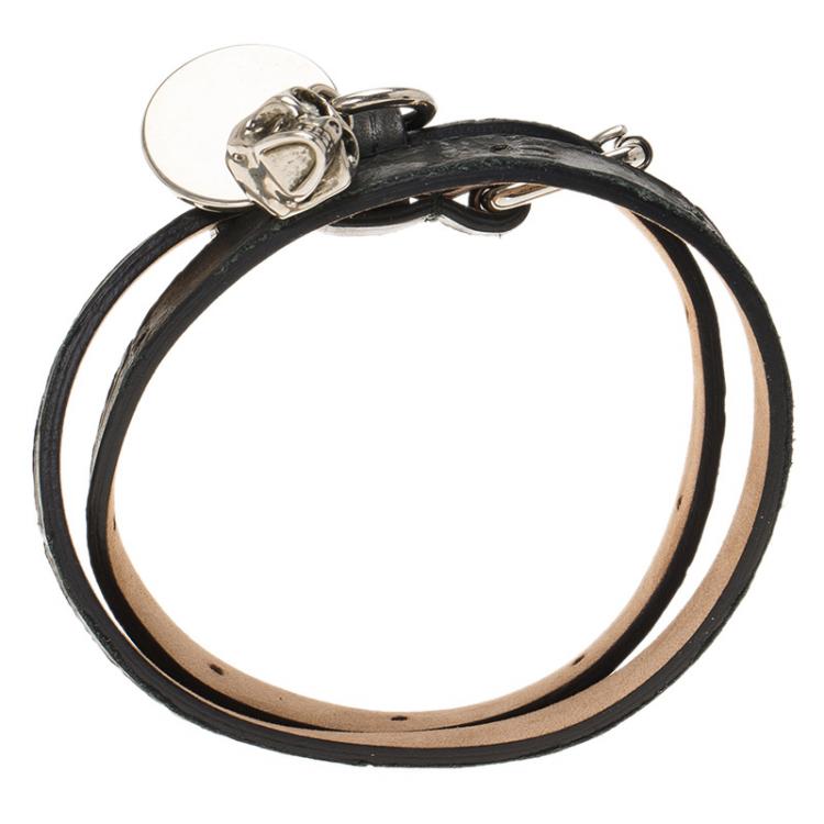Pre Owned Alexander McQueen Skull Charm Black Leather Double Wrap Bracelet