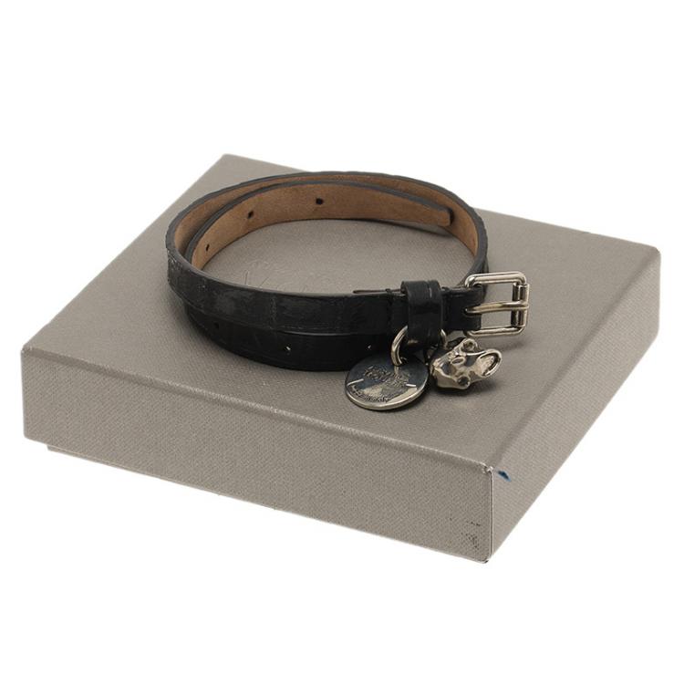 Pre Owned Alexander McQueen Skull Charm Black Leather Double Wrap Bracelet