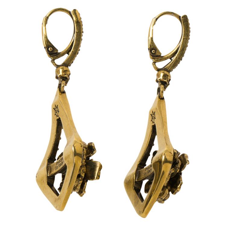 Pre Owned Alexander McQueen Crystal Jeweled Floral Gold Tone Long Earrings