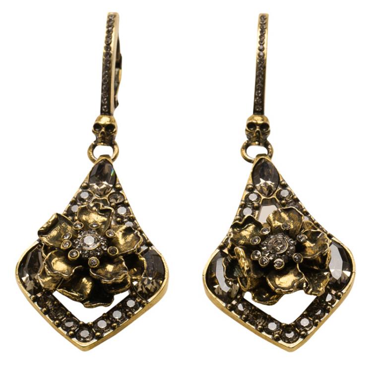 Pre Owned Alexander McQueen Crystal Jeweled Floral Gold Tone Long Earrings