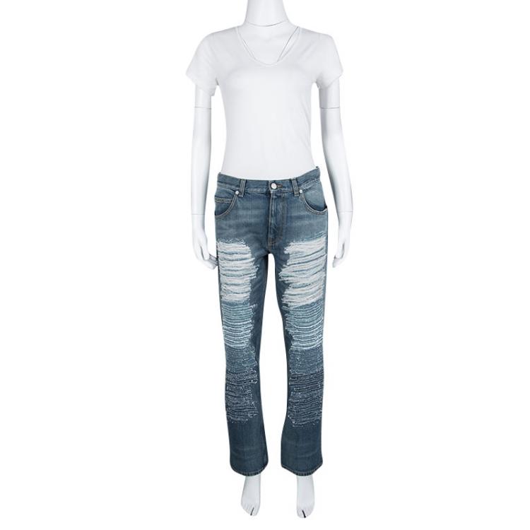 Pre Owned Alexander McQueen Indigo Washed Denim Faux Distressed Effect Jeans M