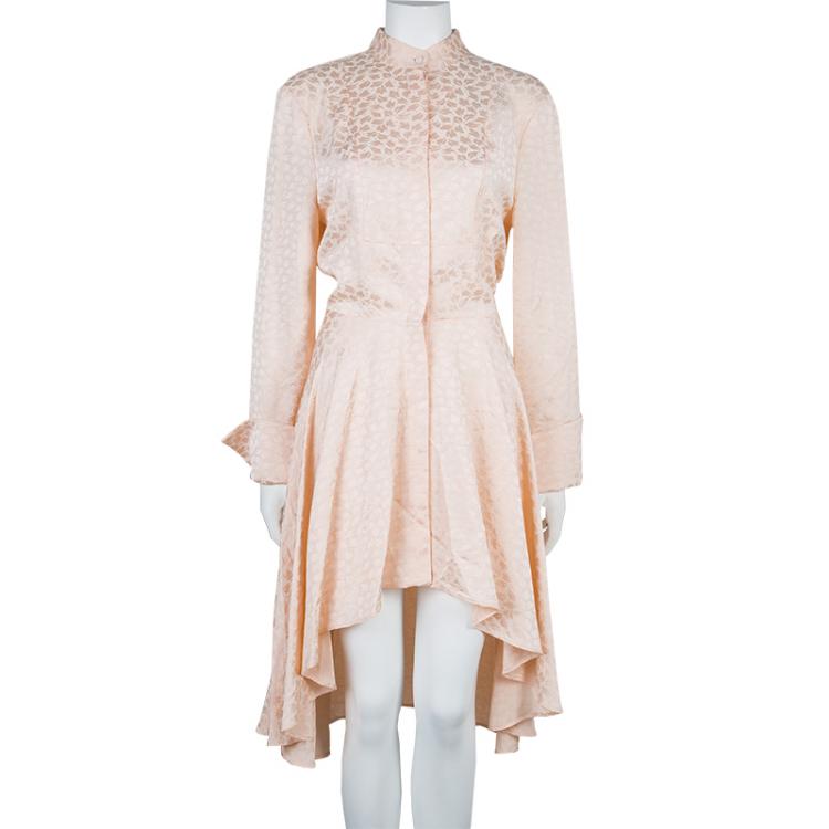 Pre Owned Alexander McQueen Pink Jacquard Leaf Motif Long Sleeve Shirt Dress M