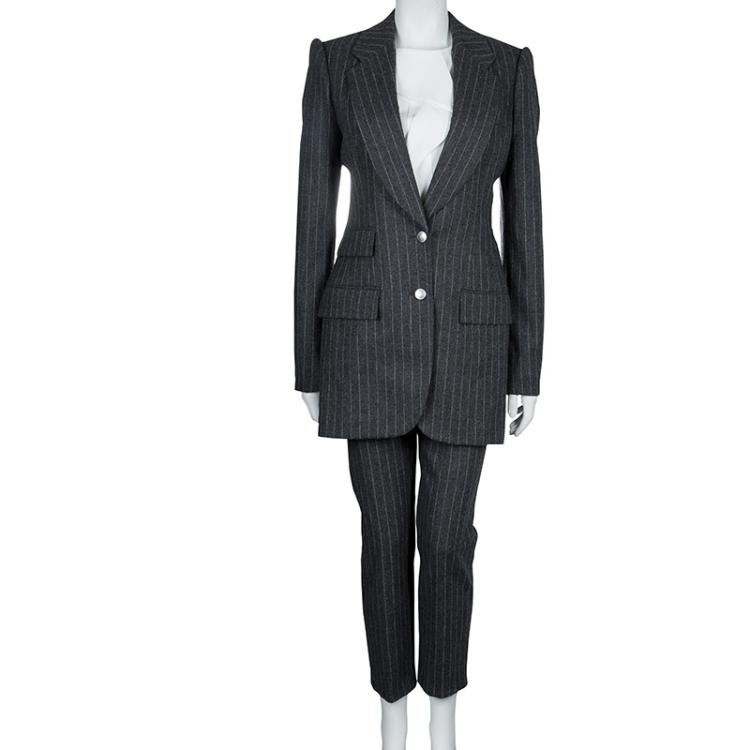 Pre Owned Alexander McQueen Grey Chalk Striped Wool Trousers M 