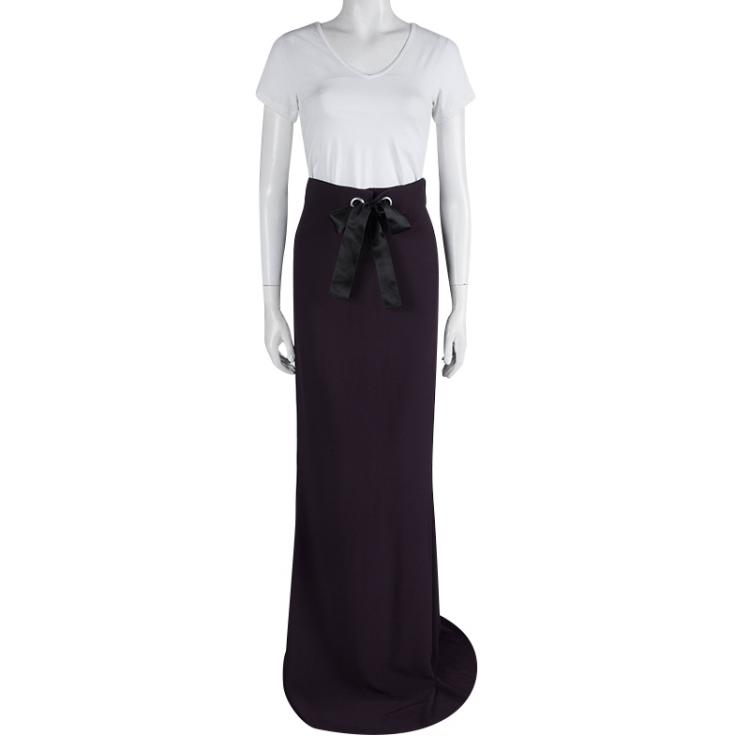 Pre Owned Alexander McQueen Purple Leaf Crepe Bow Detail Maxi Skirt S