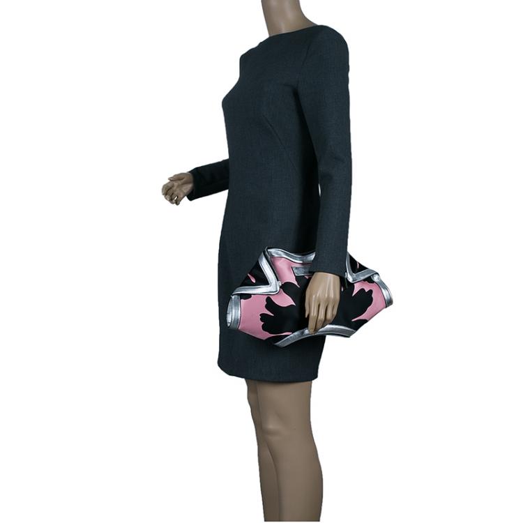 Pre Owned Alexander McQueen Black/Pink Satin Medium Floral De Manta Clutch