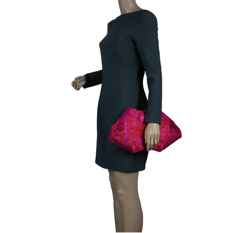 Pre Owned Alexander McQueen Red Leopard Print Satin Medium Floral De Manta Clutch